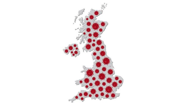 Graphic animation - COVID-19 pandemic in United Kingdom, infection spread around United Kingdom country map
