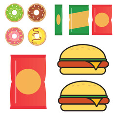 Fast food snacks and drinks flat vector icons. Fastfood icons