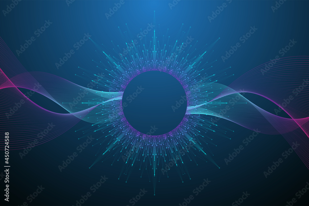 Poster Geometric graphic background molecule and communication. Big data complex with compounds. Lines plexus, minimal array. Digital data visualization. Scientific cybernetic illustration.