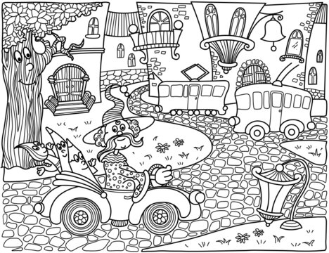 Coloring Pages. Coloring Book for children. A fairy-tale city and a magician driving a car.  Black and white anti-stress coloring. Vector illustration for art therapy. 