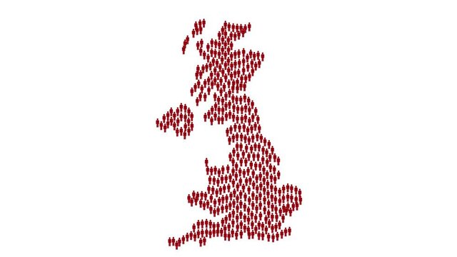 Graphic animation - red people symbols in shape of map of United Kingdom , COVID-19 pandemic in United Kingdom , infection spread around United Kingdom country map