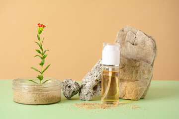 Cosmetic bottle with gel and a scrub to cleanse the skin, spa and aromatherapy. Beauty and wellness concept