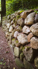 Moss covered stone wall in the autumn forest