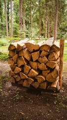 Stack of wood with firewood in a wooden rack