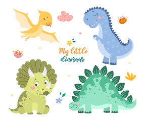 Childish set with cute baby dino collection on white background. Concept of dinosaur animals, mom and baby dino, family of dinosaurs. Flat cartoon vector illustration