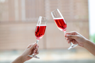 two person holding two glasses of red wine at a celebration dinner