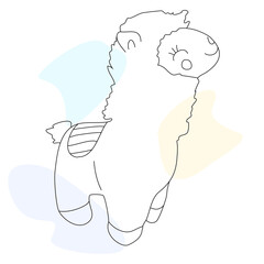 Cute alpaca toy. Hand-drawn line art with abstract color spots. 