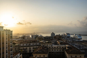 Morning aerial image of the City of Naples Italy with the Bay of Naples