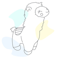 Cute alpaca toy. Hand-drawn vector line art with abstract color spots. 