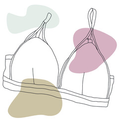 Women's bra. Hand-drawn vector line art with abstract color spots. 
