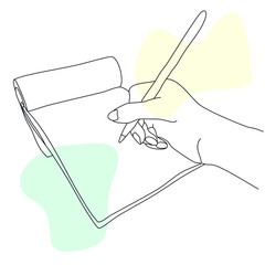 Pen in writing position in the hand is placed on the notepad. Hand-drawn vector line art with abstract color spots.