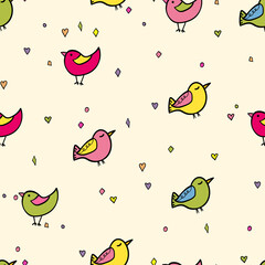 Seamless pattern with funny colorful birds. Color flat vector illustration with little cartoon bird. Cute characters. Template design for invitation, poster, card, flyer, textile, fabric for kids