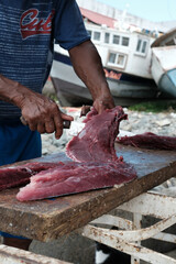 Fisherman with knife in hand skinning a fish