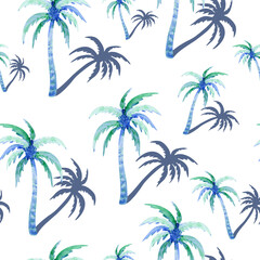 Fototapeta na wymiar Coconut palms seamless pattern. Tropical summer print with watercolor trees. 