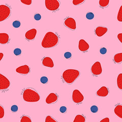 Seamless pattern of strawberries and blackberries. Line art. Colorful fruit on pink background.