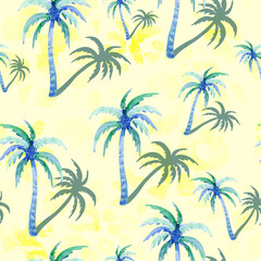 Fototapeta na wymiar Coconut palms seamless pattern. Tropical beach print with watercolor trees. 