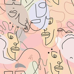 One line drawing. Abstract face seamless pattern.