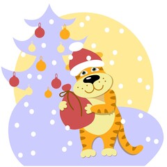 A postcard with the character of a cheerful tiger cub with gifts and in a Santa Claus hat. Vector illustration