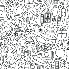 christmas seamless pattern with sketched monochrome doodles. Good for prints, wrapping paper, textile, digital paper, wallpaper, scrapbooking, etc. EPS 10