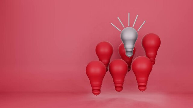 video 4k 3D of One out unique idea light bulb, red and white color, copy space
