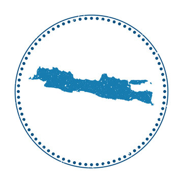 Java sticker. Travel rubber stamp with a map of the island, vector illustration. Can be used as an insignia, logotype, label, sticker, or badge of Java.