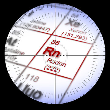 The danger of radon gas - concept image with periodic table of the elements and viewfinder on foreground