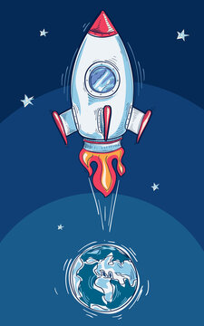 Cartoon drawn rocket starts from earth to space
