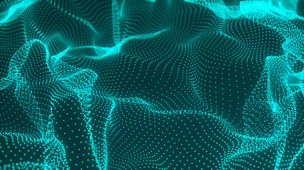Digital technology background. Abstract dynamic wave of connected dots and lines on dark background. Wave of bright particles. Big data. 3d rendering.