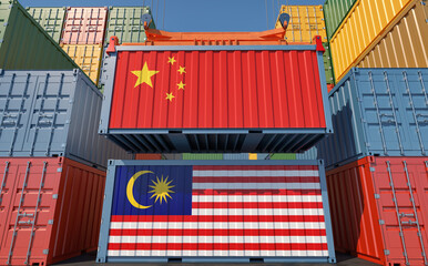 Container Terminal. Two cargo Container with China and Malaysia flags. 3D Rendering