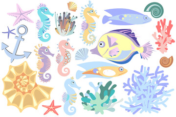 Set of cute abstract sea horses, fish, starfish, colorful coral and seashell. Pastel color. Sea collection. Cartoon style.