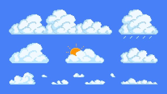 Pixel cloud varieties. White fluffy clusters with rain and peeping sun. Climate pixel design on blue surface. Cumulus and cirrus elements with vector layered