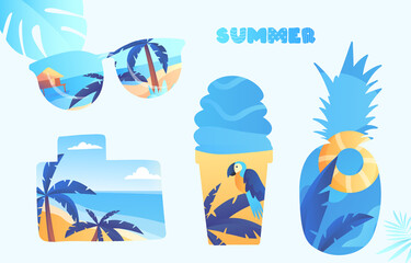 Set of cute summer time essential elements on white background. Creative landscape, panorama of sea and beach on pineapple, ice cream and smoothie shake glass. Flat cartoon vector illustration