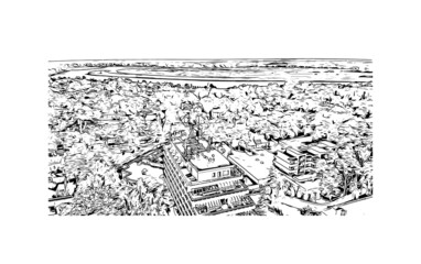 Building view with landmark of Jūrmala is the 
city in Latvia. Hand drawn sketch illustration in vector.