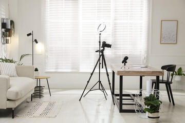 Ring light, camera and microphone for blogging in room