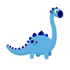 An illustration of a cartoon style dinosaur with long neck. Cute blue diplodocus. Isolated on white.