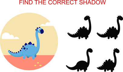 Find the correct shadow. Cartoon style blue dinosaur. Educational game for children.