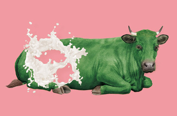 vache laitière, ferme, animal, bétail, champ, en repos,  animal, plein de lait, explosion du lait, ventre, ferme, illustration, lait, bétail, trou dans du lait, giclé, mammifère, agriculture, nature, 
