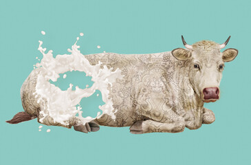 vache laitière, ferme, animal, bétail, champ, en repos,  animal, plein de lait, explosion du lait, ventre, ferme, illustration, lait, bétail, trou dans du lait, giclé, mammifère, agriculture, nature, 