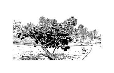 Building view with landmark of Kalamazoo is a city in southern Michigan. Hand drawn sketch illustration in vector.