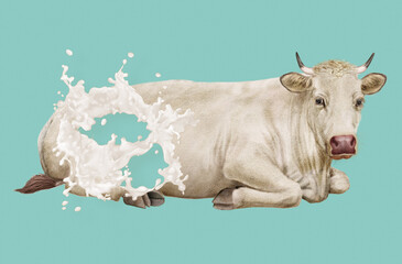 vache laitière, ferme, animal, bétail, champ, en repos,  animal, plein de lait, explosion du lait, ventre, ferme, illustration, lait, bétail, trou dans du lait, giclé, mammifère, agriculture, nature, 