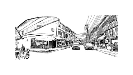 Building view with landmark of Kanchanaburi is a town in west Thailand. Hand drawn sketch illustration in vector.