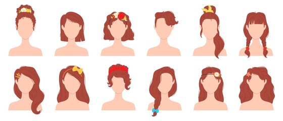 Flat woman hairstyles with flower, ribbon and bow accessory. Young female haircut with hair pins, ties and bands. Girl hairstyle vector set - obrazy, fototapety, plakaty
