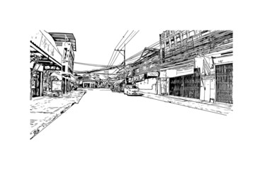 Building view with landmark of Kanchanaburi is a town in west Thailand. Hand drawn sketch illustration in vector.