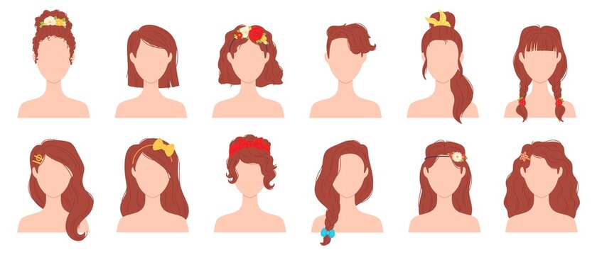 Flat woman hairstyles with flower, ribbon and bow accessory. Young female haircut with hair pins, ties and bands. Girl hairstyle vector set