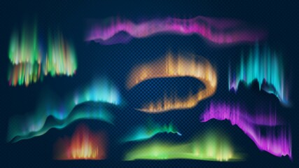 Realistic lights of arctic aurora borealis, northern natural phenomenon. Abstract glowing wavy effect. Polar night sky landscape - obrazy, fototapety, plakaty