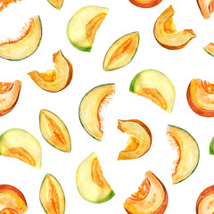 Melon and pumpkin slices watercolor seamless pattern. Template for decorating designs and illustrations.