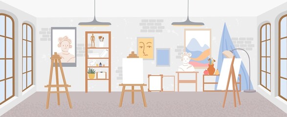 Artist workshop or art studio classroom interior with easels. Painter room with canvases and drawing tools, paints and brushes vector scene © Tartila