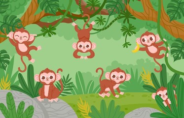 Cute monkeys hanging on lianas trees in jungle forest. Cartoon happy monkey characters play and jump. Childish tropical zoo vector landscape © Tartila