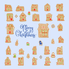 Vector doodle Christmas card with gingerbread houses on funny background. decorative Christmas and New Year greeting card or postcard templates with sweet tasty gingerbread houses and holiday wishes. 