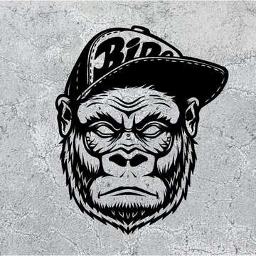 Gorilla logo illustration, angry, funny gorilla head in a baseball cap, isolated image, on a white background